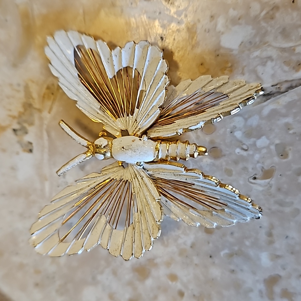 Monet Butterfly Brooch White Enamel Gold Tone Signed Vintage Insect Bug